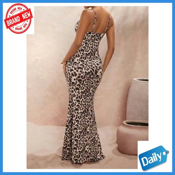 Stretchy Knit Bodycon Maxi Dress Spaghetti Strap Y2K Animal Print - Picture 4 of 6
